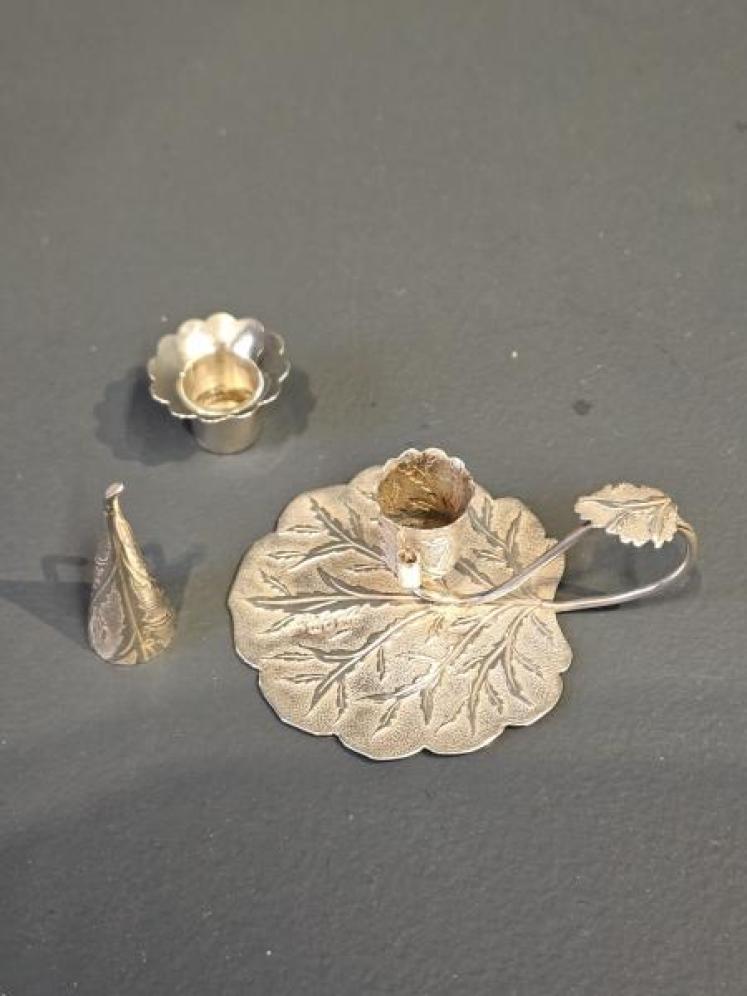 Silver Leaf Design Taper Candle Stick and Snuffer - Image 3