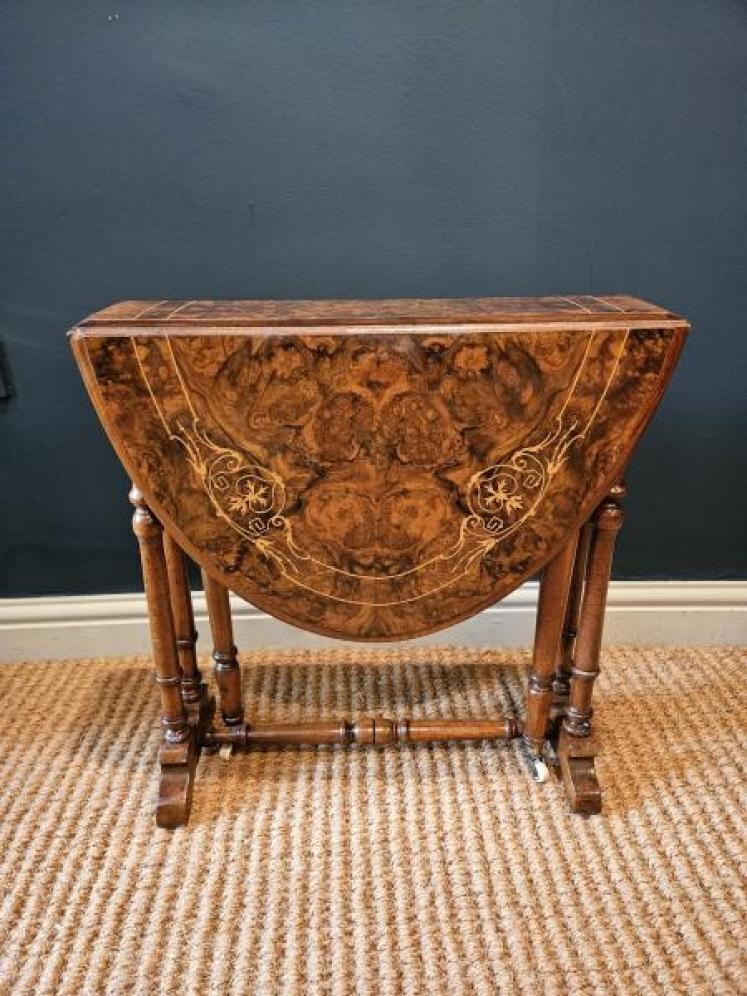 Quality Victorian Inlaid Burr Baby Walnut Sutherland Table  - Image 2