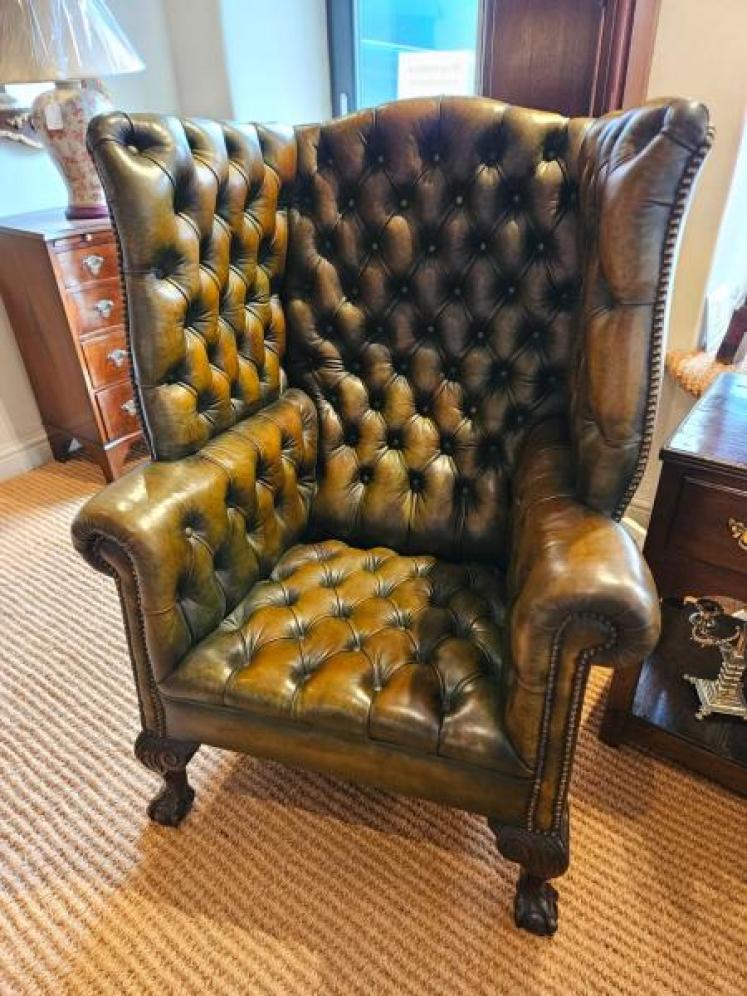 Superb Dark Olive Leather Wing Back Arm Chair  - Image 1