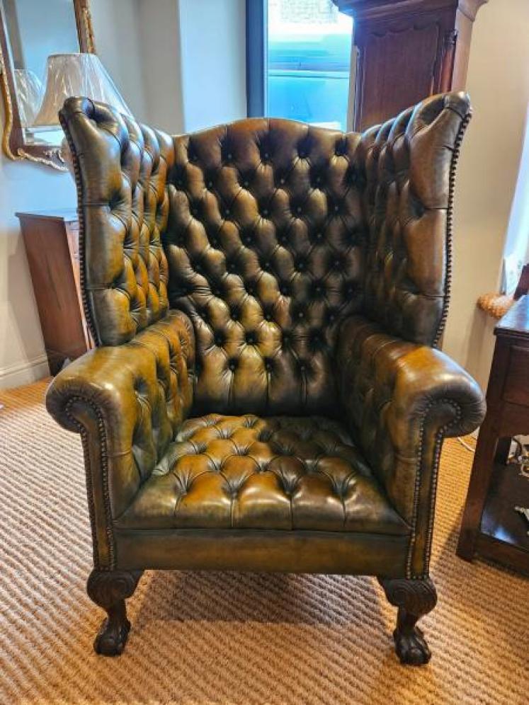 Superb Dark Olive Leather Wing Back Arm Chair  - Image 2