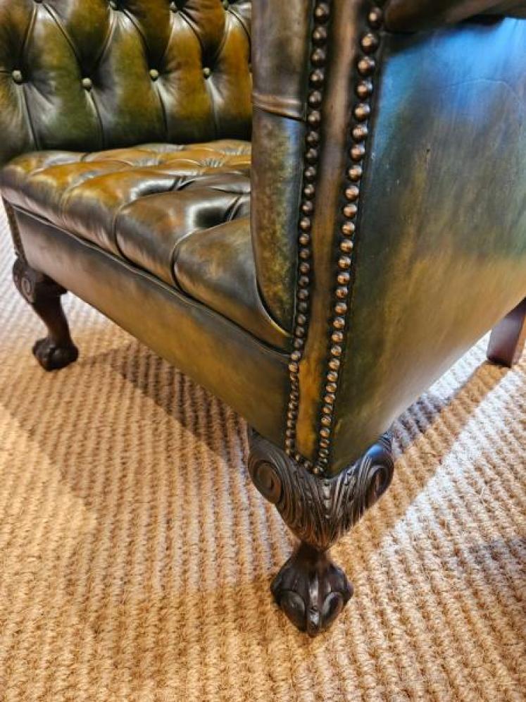 Superb Dark Olive Leather Wing Back Arm Chair  - Image 3