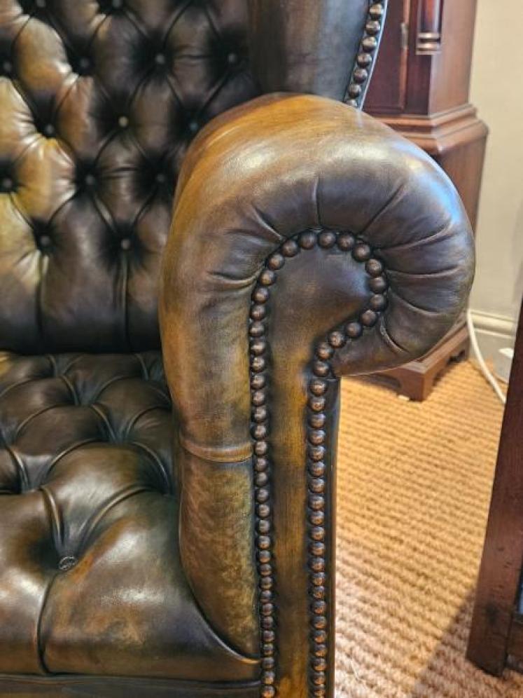 Superb Dark Olive Leather Wing Back Arm Chair  - Image 4