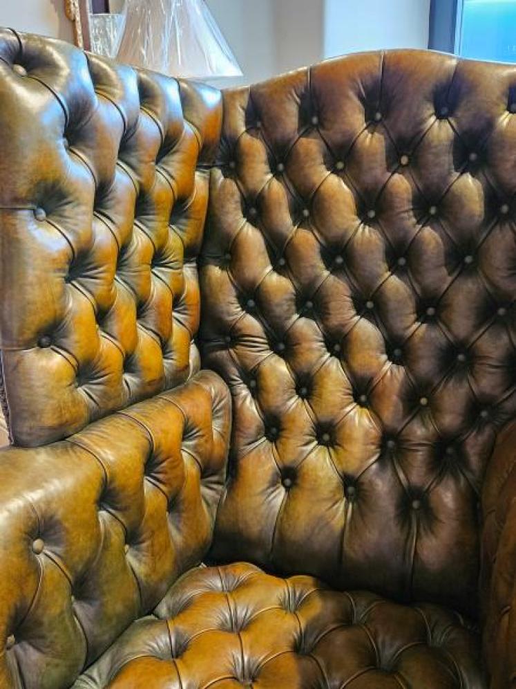 Superb Dark Olive Leather Wing Back Arm Chair  - Image 5