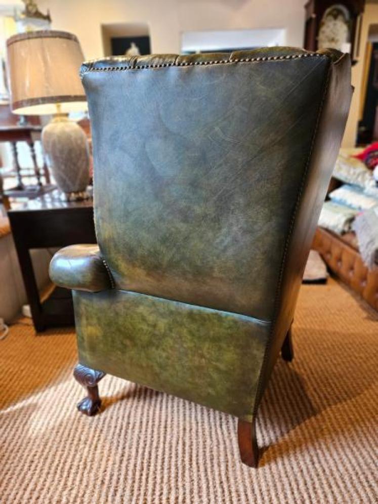 Superb Dark Olive Leather Wing Back Arm Chair  - Image 6
