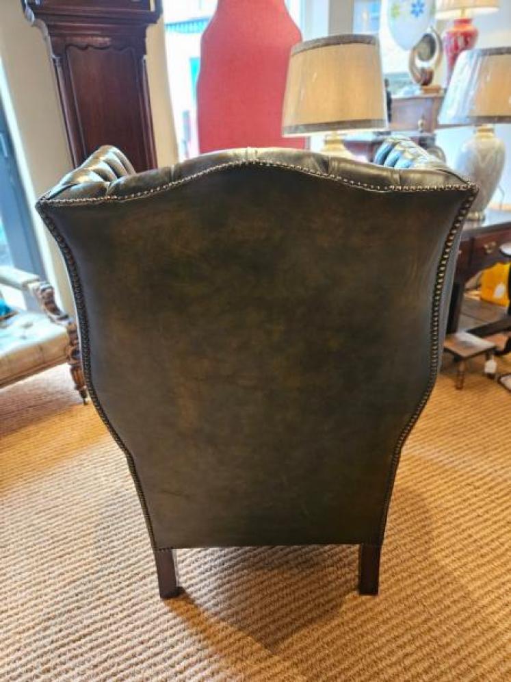 Superb Dark Olive Leather Wing Back Arm Chair  - Image 7