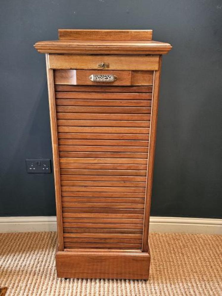 Edwardian Solid Walnut Tambour Front Filing Cabinet  - Image 2