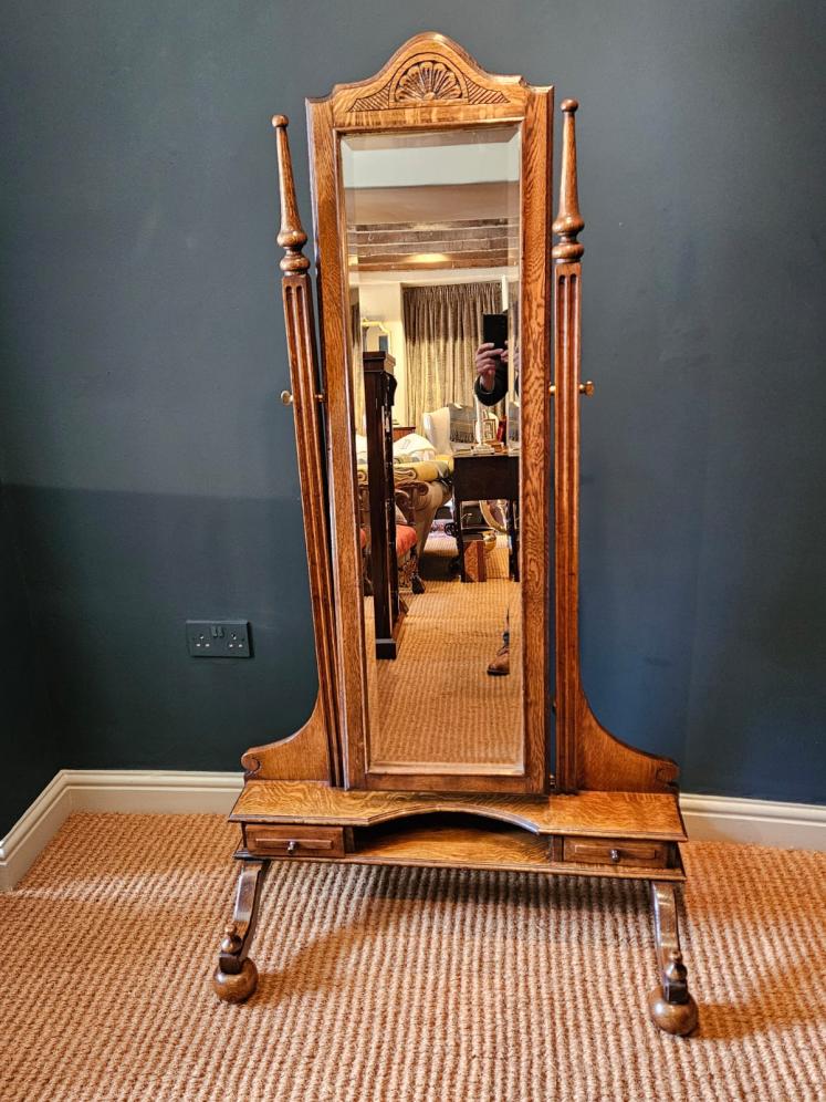 Unusual Edwardian Oak Cheval Mirror - Image 8