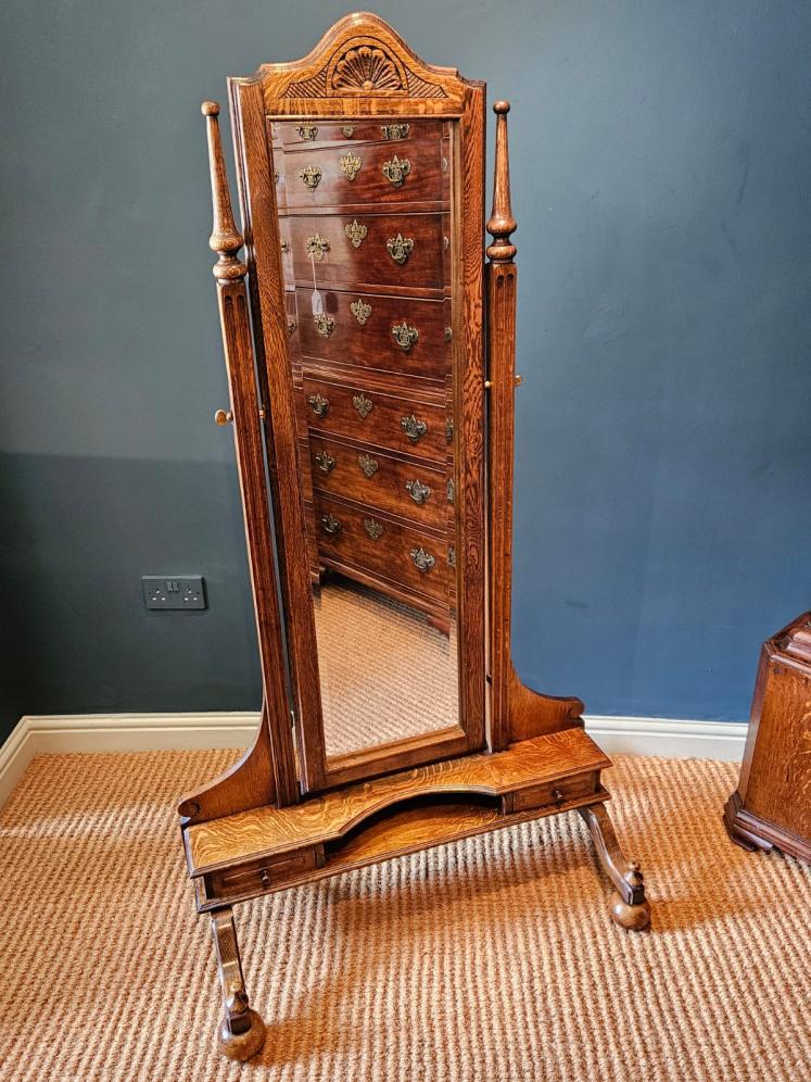Unusual Edwardian Oak Cheval Mirror - Image 3