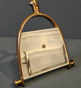 Unusual Bronze, Silver and Marble Riding Stirrup Calling Card Holder 