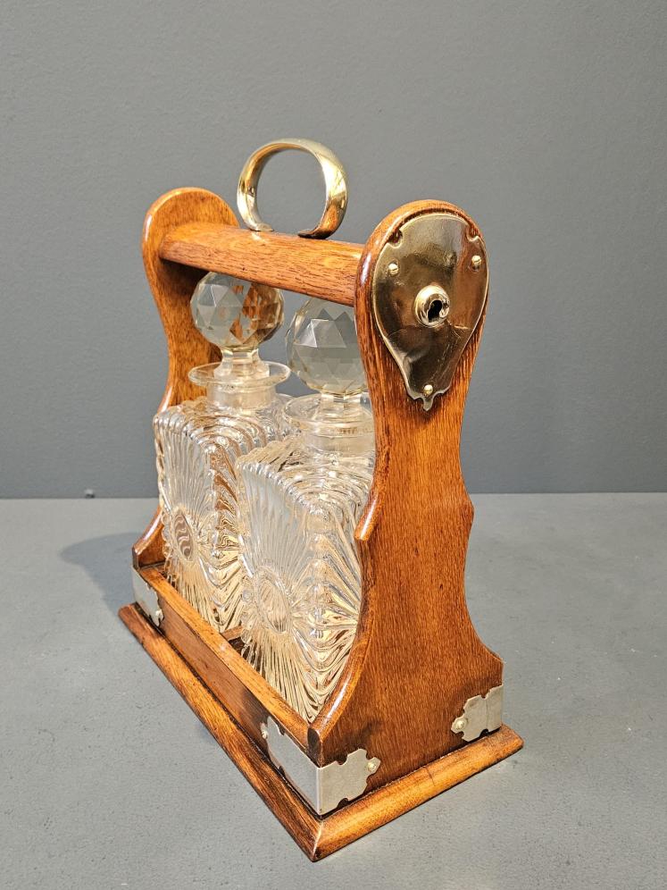Victorian Oak and Silver Plated 2 Bottle Tantalus  - Image 5