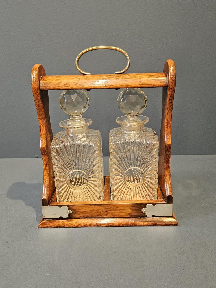 Victorian Oak and Silver Plated 2 Bottle Tantalus  - Image 4
