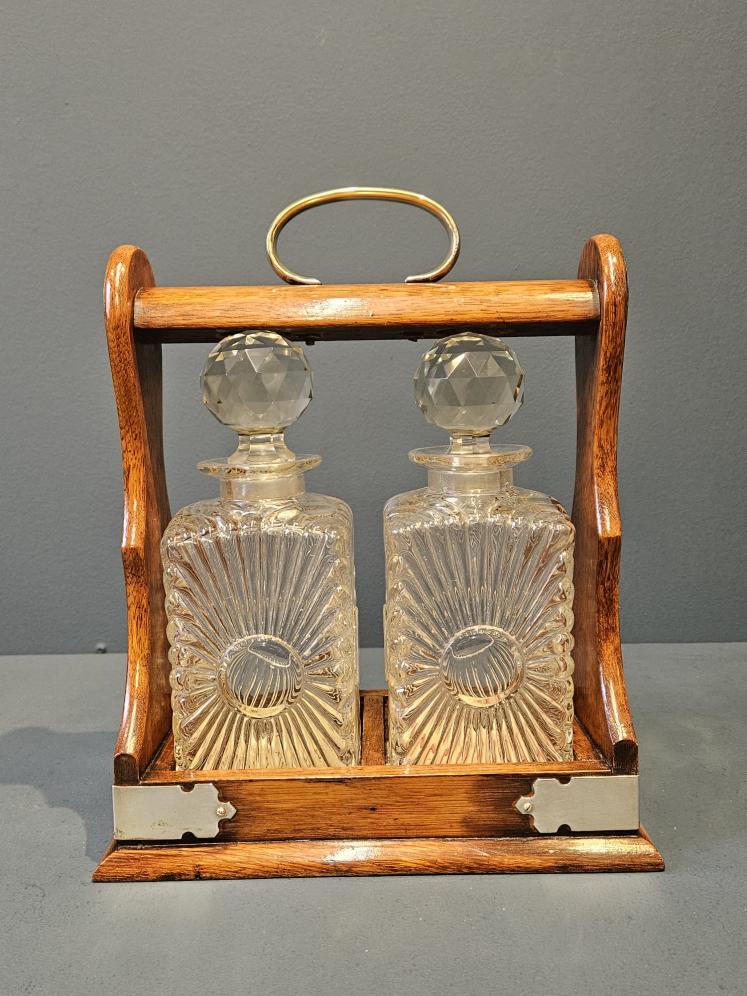 Victorian Oak and Silver Plated 2 Bottle Tantalus  - Image 1