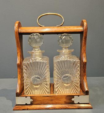 Victorian Oak and Silver Plated 2 Bottle Tantalus 