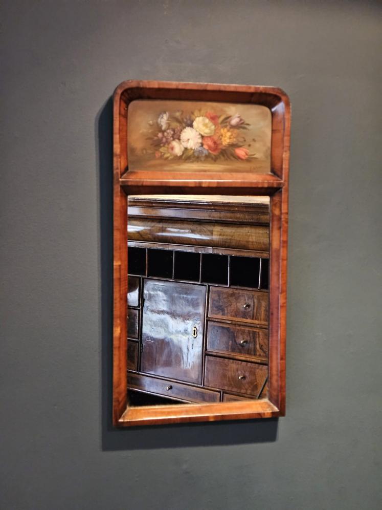 Late Victorian Yew Wood Mirror with Painted Panel  - Image 1