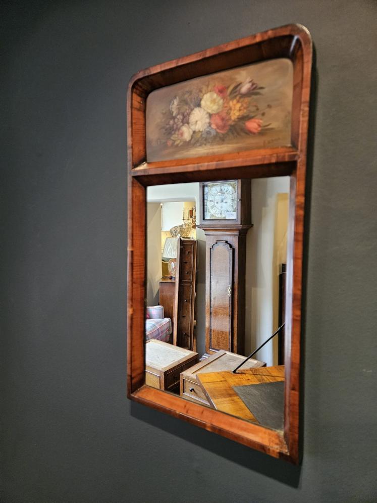 Late Victorian Yew Wood Mirror with Painted Panel  - Image 5