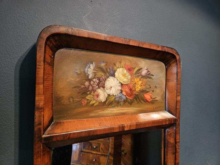 Late Victorian Yew Wood Mirror with Painted Panel  - Image 4