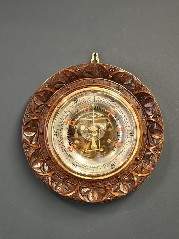 Superb Victorian 14" Carved Walnut Skeletonised Aneroid Barometer - Image 1