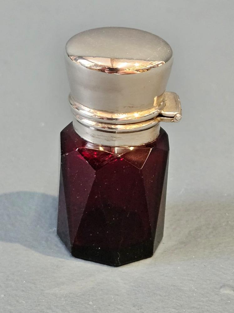Edwardian Faceted Ruby Glass Silver Topped Scent Bottle - Image 1