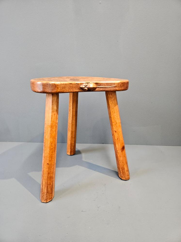 Superb Old Mouseman Adzed Oak Stool  - Image 6