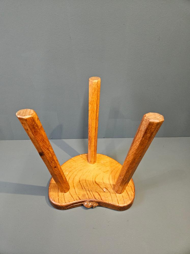 Superb Old Mouseman Adzed Oak Stool  - Image 5