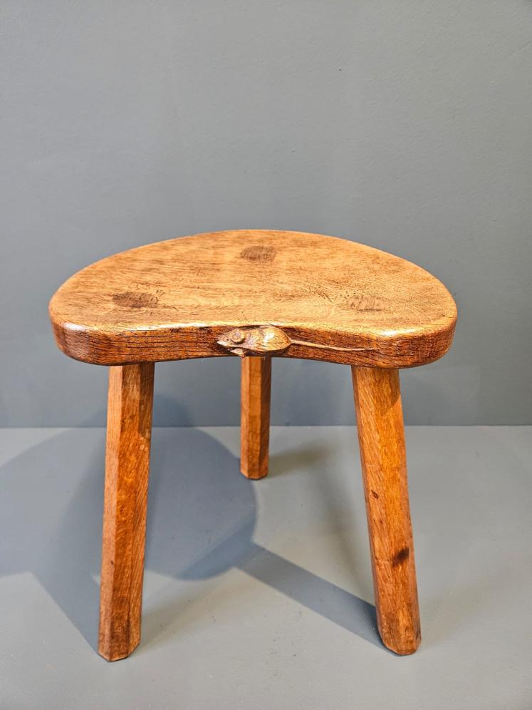 Superb Old Mouseman Adzed Oak Stool  - Image 1