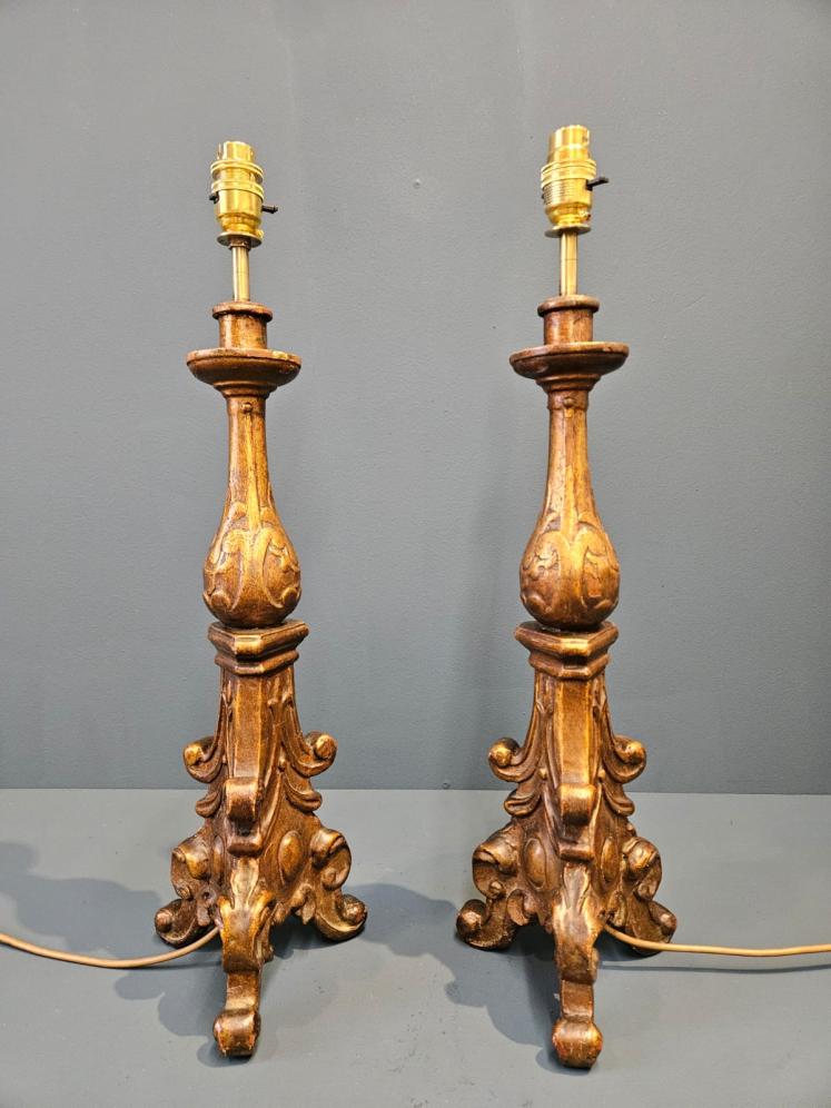Pair of Timber Gilt Candlestick Lamps - Image 1