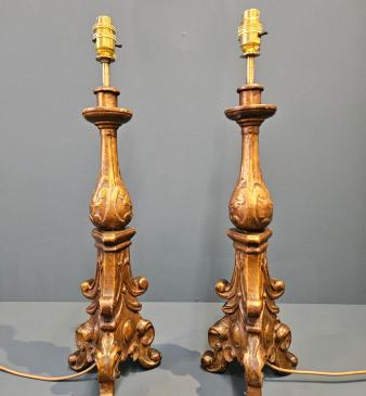 Pair of Victorian Timber Gilt Candlestick Lamps - Image