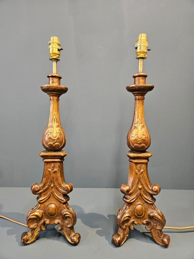 Pair of Timber Gilt Candlestick Lamps - Image 2