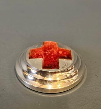 Rare Edwardian British Red Cross Silver Pin Cushion Paperweight - Image