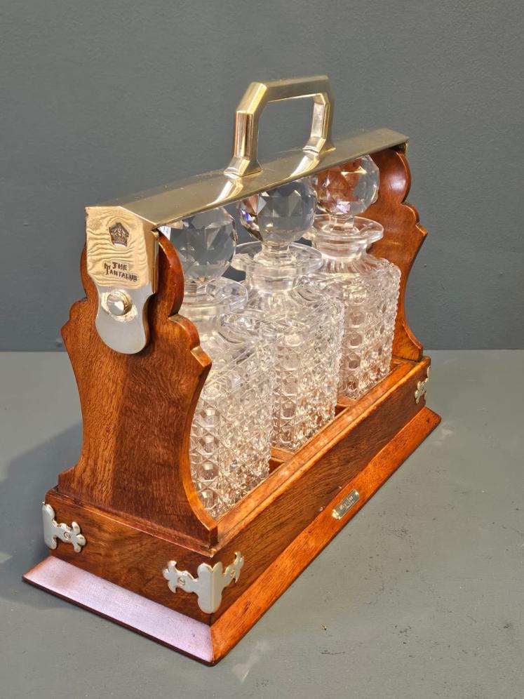 Victorian Oak and Silver Plated Three Bottle Tantalus - Image 5