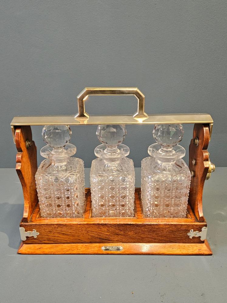 Victorian Oak and Silver Plated Three Bottle Tantalus - Image 2