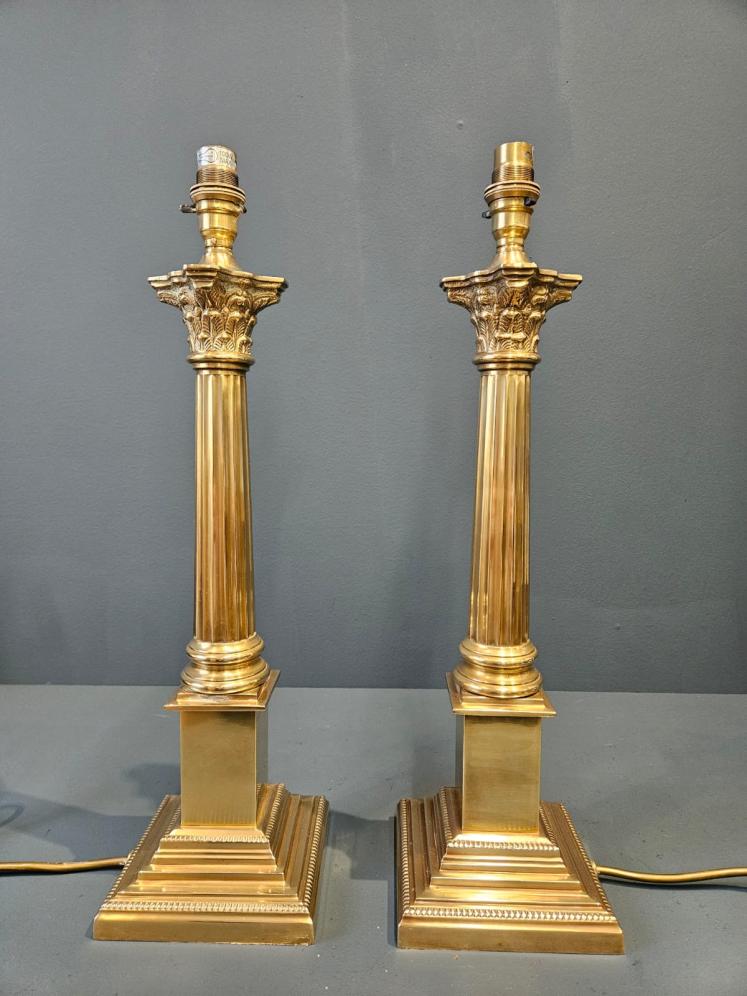 Matching Pair of Brass Corinthian Column Table Lamps - Image 5
