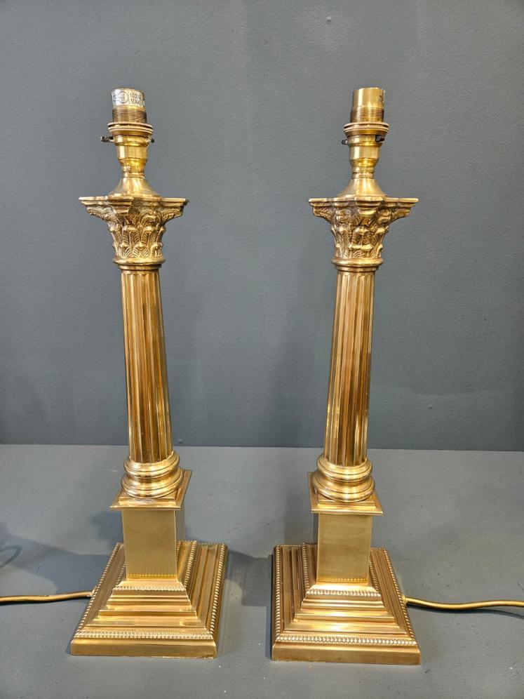 Matching Pair of Brass Corinthian Column Table Lamps - Image 1
