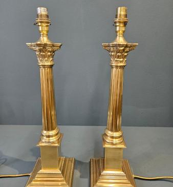 Matching Pair of Brass Corinthian Column Table Lamps - Image