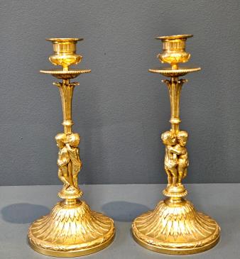 Pair Fine Quality Victorian Gilt Bronze Cherub Candlesticks