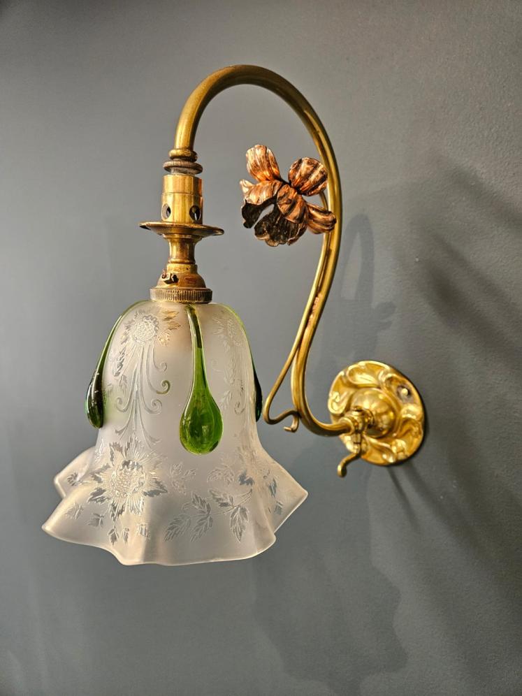 Pair of Art Nouveau Brass and Copper Wall Lights and Shades - Image 7