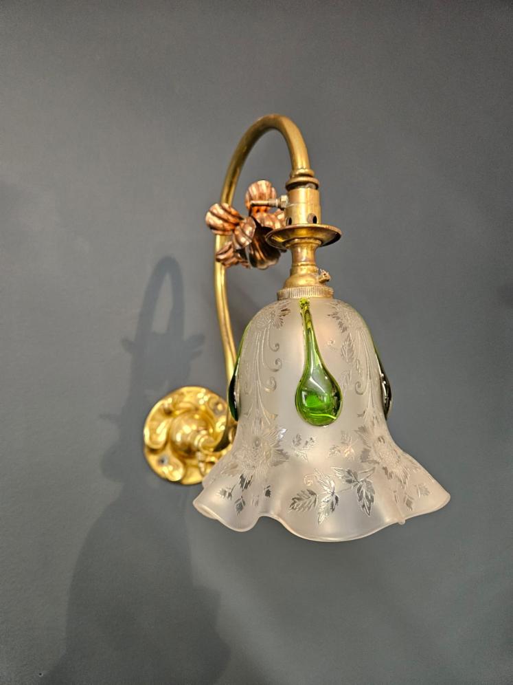 Pair of Art Nouveau Brass and Copper Wall Lights and Shades - Image 4