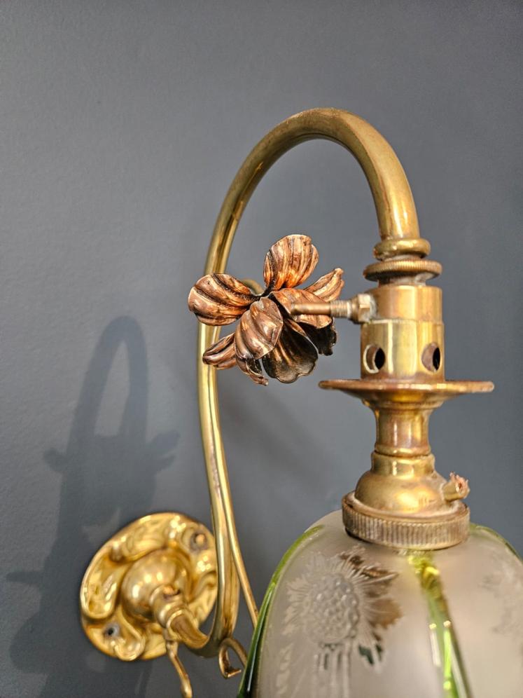Pair of Art Nouveau Brass and Copper Wall Lights and Shades - Image 3