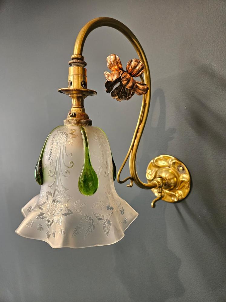 Pair of Art Nouveau Brass and Copper Wall Lights and Shades - Image 1