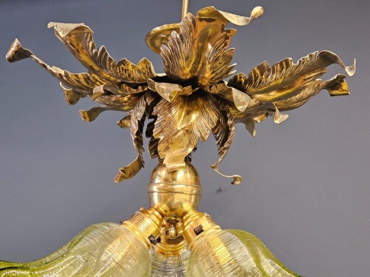 Victorian Brass Leaf Design Ceiling Light with Original Shades - Image 9