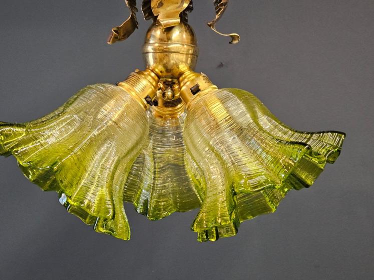 Victorian Brass Leaf Design Ceiling Light with Original Shades - Image 8