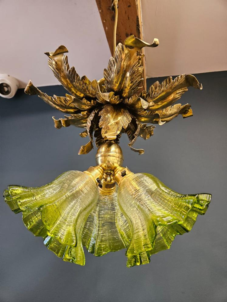 Victorian Brass Leaf Design Ceiling Light with Original Shades - Image 7