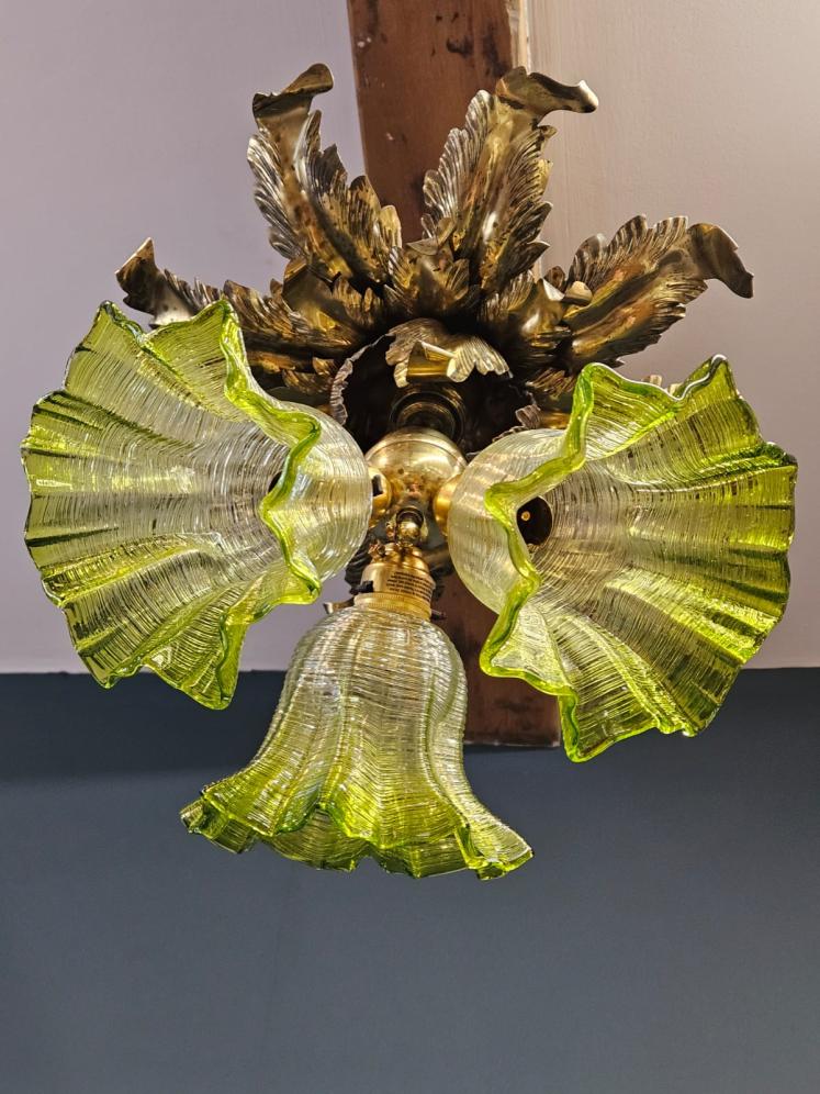 Victorian Brass Leaf Design Ceiling Light with Original Shades - Image 6