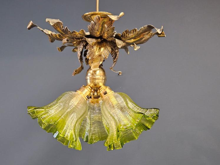 Victorian Brass Leaf Design Ceiling Light with Original Shades - Image 1