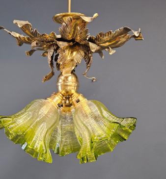 Victorian Brass Leaf Design Ceiling Light with Original Shades - Image