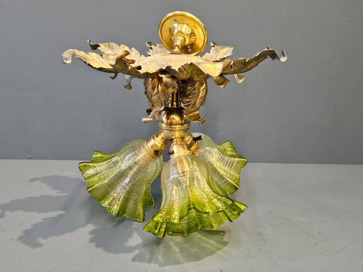 Victorian Brass Leaf Design Ceiling Light with Original Shades - Image 5
