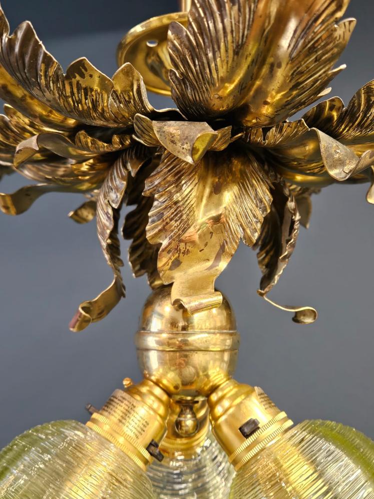 Victorian Brass Leaf Design Ceiling Light with Original Shades - Image 4