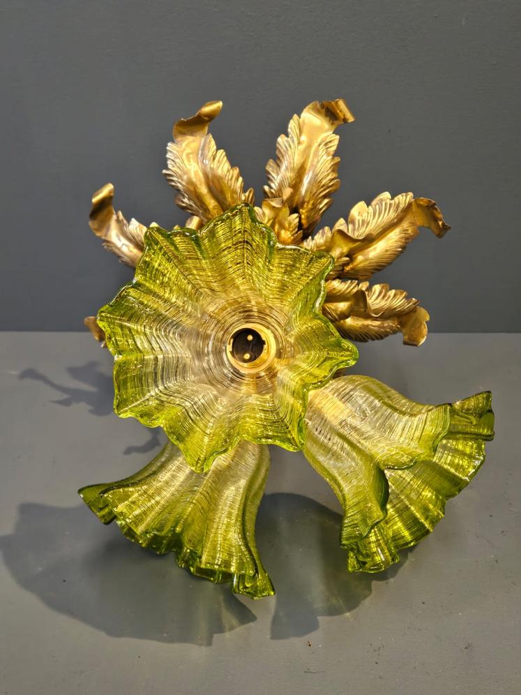 Victorian Brass Leaf Design Ceiling Light with Original Shades - Image 3