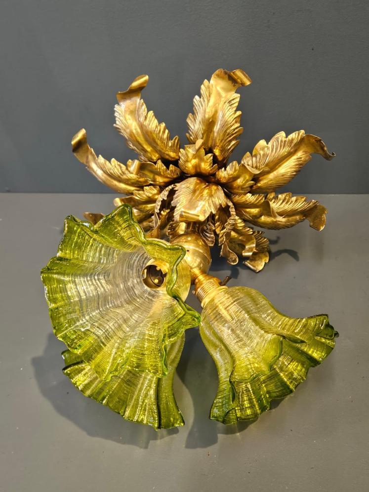 Victorian Brass Leaf Design Ceiling Light with Original Shades - Image 2