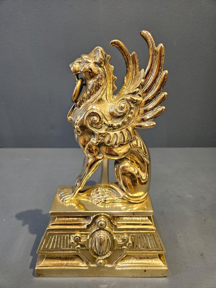Pair of Victorian Brass Griffin Fire Dogs - Image 3